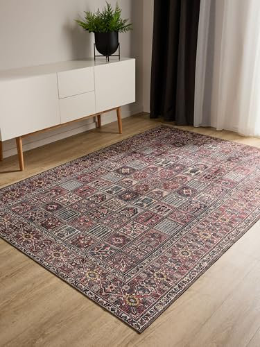 benuta Basic Waschbarer Teppich George - Multicolor/Rot 60x120 cm - Kunstfaser - Rechteckig & im Style: Vintage, Elegant, Retro - Pflegeleicht für Wohnzimmer Schlafzimmer