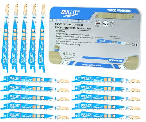 BULLITT Set di 15 lame per sega alternativa, S644D per legno/edilizia legno/truciolare/MDF, lame per sega da 152 mm 6TPI HCS in una scatola di latta, gambo universale da 1/2, compatibili con seghe da