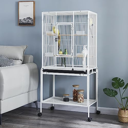Panana 136cm Large Bird Cage Parrot Cages Wide Flight Metal Animal Cage for Cockatiel Lovebird Budgie Parakeet Durable Frame With Perch Stand and Wheels (White)