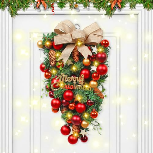 Türkranz Weihnachten Beleuchtet, Weihnachtskranz Haustür mit Lichterkette Weihnachtsdeko Türkranz Weihnachtstürkranz mit Weihnachtskugel Schleife Weihnachtskranz Beleuchtet für Tür Wand Fenster (C)