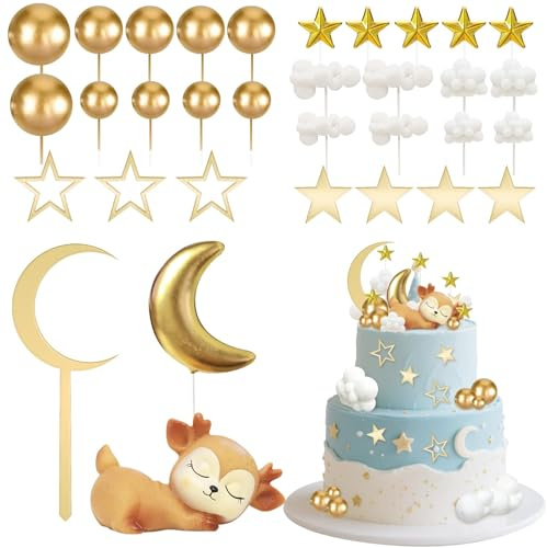 33 Pièces Deco Gateau Bebe Decoration,Cake Topper Lune Étoiles Nuages avec Faon, Décoration de Gâteau pour Bébé, Décoration Gateau Anniversaire Garçon Fille, Décorations de Fête Prénatale