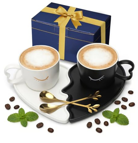 Coppia di tazze da caffè in ceramica con piattino da donna e cucchiaio, regalo di anniversario di matrimonio, tazze da bacio per matrimonio, San Valentino, coppie per matrimonio, fidanzamento