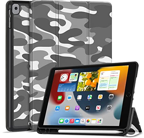 TNP iPad Hülle für iPad 9./8./7. Generation 10,2 Zoll 2021/2020/2019 Modell, Schutzhülle mit Stifthalter, dünner und weicher iPad Case aus TPU, iPad Cover mit Auto Schlaf/Wach Funktion, Tarnung Grau