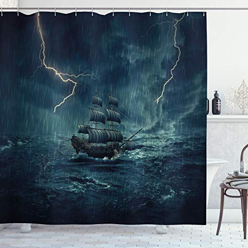 ABAKUHAUS Landschaft Duschvorhang, Piraten-Vintage-Schiff, mit 12 Ringe Set Stielvoll Modern, 175x200 cm, Dunkelblau Weiß