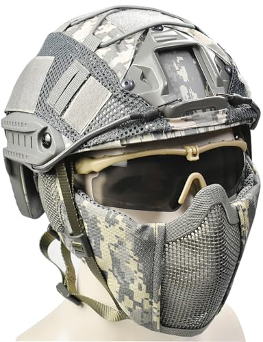 JFFCESTORE MH Updated Version Fast Tactical Helmet Combined with Foldable Half Face Mesh Mask and Goggles for Paintball CS Game Set ACU