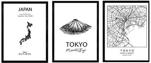 Nacnic Confezione di manifesti e paesi monumenti. Tokyo mappa della città, mappa monumento Monte Fuji e il Giappone. grandezza A4