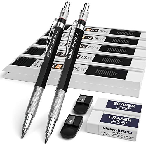 Nicpro 2 Pezzi Matite Meccaniche in Metallo, Portamine 2,0 mm, Matite da Carpentiere con 120 Ricariche di Mina in Grafite (HB 2H 4H 2B 4B e Colore), 2 Gomme, Matite per Disegno, Scrittura, Schizzi