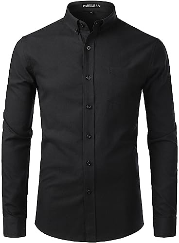 PARKLEES Chemise pour homme Slim Fit manches longues Oxford Button Down Chemise d'affaires décontractée, Noir , S