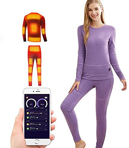 scosao Set di Biancheria Intima Riscaldante Elettrica per Donna Uomo Intimo Termico Riscaldata USB Lavabile T-Shirt e Pantaloni Termica con App Regolazione della Temperatura per Moto, Caccia,Purple,S