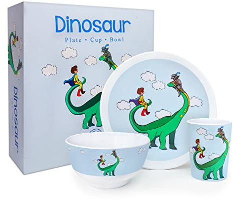 Kiz Designs Dinosaur Kids Dinner Set – Premium Melamine Dinner Gift Set for Children with Cup, Bowl, Plate – BPA Free and Dishwasher Safe (White, Blue, Green)