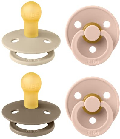 BIBS Colour Soother 4-Pack, BPA Free Dummy Pacifier, Round Nipple. Natural Rubber Latex, Made in Denmark. 0-6 Months (Pack of 4), Baby Blush Colours