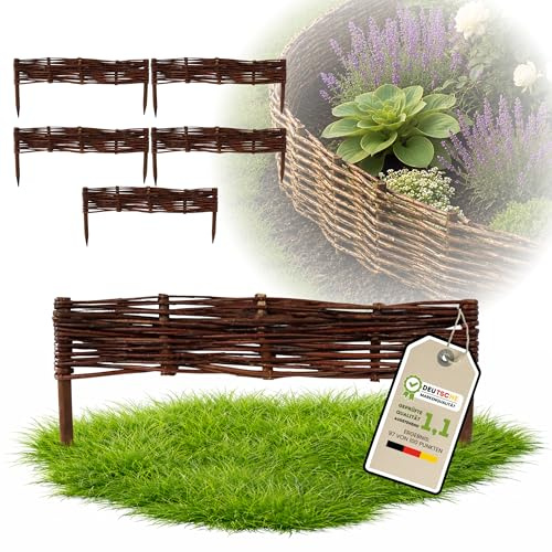 Floranica 5 st rabattkant i flätad pil 10 x 60 cm – gräskant, rabattavgränsare, pilstaket, kantstöd, avdelare för blomrabatter och trädgårdsgångar