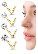 FIOROYAL 4 Stk 14k Gold Gefüllte Nasenpiercing 20G Chirurgenstahl Nasenpiercing Stecker 1.5-3MM Runder Zirkonia L-Form Piercing Nase Gold Nostril Piercing Schmuck
