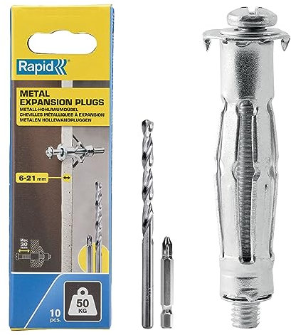 Rapid Tacos de Expansión Metálicos, Pack de 10 tacos de expansión metálicos Pared de Pladur de 6-21 mm, Carga Máxima de 50kg, Tacos para Paredes de Pladur y Paredes Huecas (5001553)