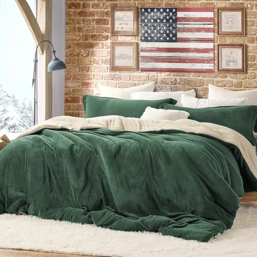 Lanqinglv Ropa de Cama mullida de 135 x 200 cm, Color Verde y Beis, para Invierno, de Felpa, de Franela Reversible, con Tacto de Cachemira, Funda nórdica con Cremallera y 1 Funda de Almohada de 80 x