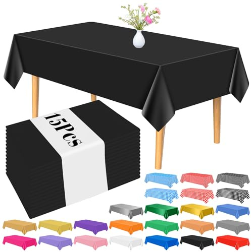 PLULON 15 Stück Schwarze Tischdecke aus Kunststoff, 137 x 274 cm, rechteckige Tischdecke für Abschluss Geburtstag, Halloween, Party, Zuhause, Küche, Esstischdekorationen