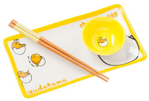 Silver Buffalo Sanrio Hello Kitty and Friends Gudetama Lazy Egg Sigh - Juego de sushi de cerámica amarilla con plato para salsa y palillos a juego