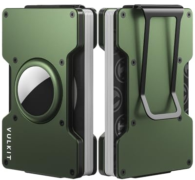 VULKIT Porta Carte di Credito Uomo Slim Portafoglio Uomo Airtag con Fermasoldi Piccolo Metallo Porta Schede Carte di Credito Donna Schermato RFID, Verde