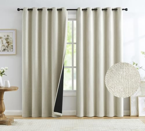 Treatmentex Natural Beige Full Blackout Window Curtain Panels 54 inches Long Burlap Linen Textured, Short Thermal Insulated Burlap Linen Bedroom Drapes Thermal Insulated Winter Curtains 60x54x2