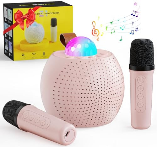 FISHOAKY Karaoke Maschine mit 2 Drahtlosen Mikrofonen, Tragbares Bluetooth Karaoke Maschine für Kinder Erwachsene, Mini Karaoke Maschine mit LED-Licht und Sprachveränderungs Effekten