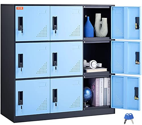 VEVOR Umkleideschrank Fächerschrank Schließfachschrank, 9-türiger Aufbewahrungsschrank, Garderobenschrank mit 9 Fächern Wertfachschrank, 30 kg Ladekapazität, Bürospinde für Büro, Schwarz & Blau