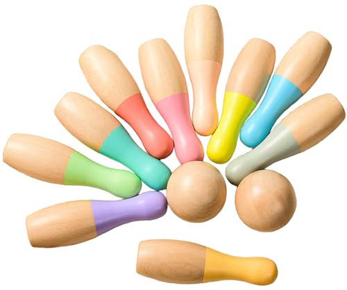 BEACENOV Wooden Bowling Set for Kids, Wooden Toddler Toys, Toddler Indoor or Outdoor Sports Games & Toys for Baby Boys Girls Ages 3-7 Years Old, 12Pcs Wood Bowling Pins and Balls