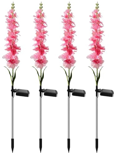 Kexpery Delphinium - 4 luces solares de jardín IP65 impermeables para exteriores, luces solares coloridas/cálidas, luz LED solar para exteriores, decoración de patio, regalo para madre (rosa