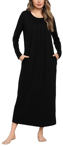 Leversic Camicia da Notte Donna Manica Lunga Camicia Lunga Donna Invernale Camice da Notte Cotone Vestito da Notte con Tasche Camicia Donna Elegante Nero L