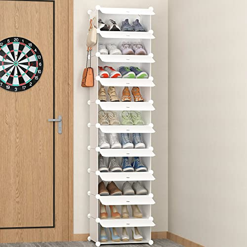 HOMIDEC 10-Tier Shoe Rack, Shoe Storage Cabinet with Door and Hook, Dust-proof Tall and Narrow Shoe Rack, Free Standing Shoe Shelf for 20 Pairs, Space Saving for Entryway, Hallway and Closet
