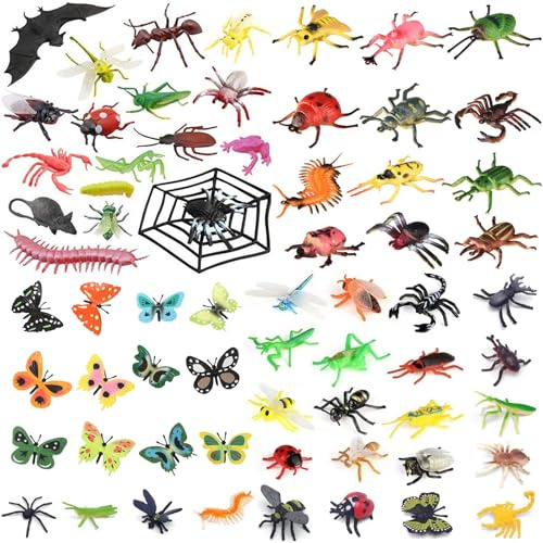 TYXHXTF 65 stycken realistiska insekter och fjäril spindel bat-leksak, stora och mini realistiska djur figurer med montering av staket, mini vilda djurparker djurfigurer leksak