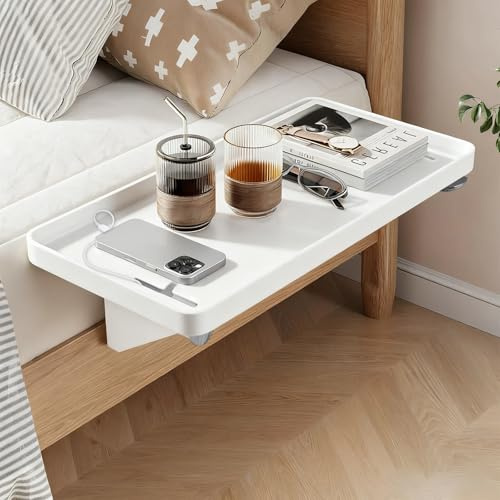 Behogan Bandeja de Cama para Guardar, 32 x 23,3 x 5,3 cm, Mesita de Noche con Ranura para Cable de Carga, Estantería para Mesita de Noche, Mesa de Noche, Cama para Sofá, Blanco
