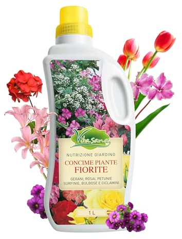 VitaSana Concime Piante Fiorite 1L – Fertilizzante Liquido con Microelementi | Specifico per Gerani, Surfinie, Ciclamini e Bulbose | Stimola Fioriture Abbondanti | Nutrizione Equilibrata per Piante