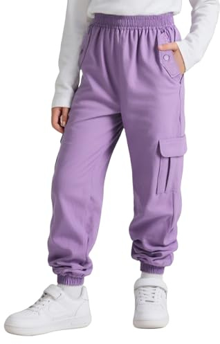 Tokeya Pantalones Cargo Niñas Algodón Suaves Pantalón de Jogging Cintura Elástica Múltiples Bolsillos Pantalón de Ocio Streetwear Casual Pantalones Cargo Joggers para Infantil 12-13 Años, Morado