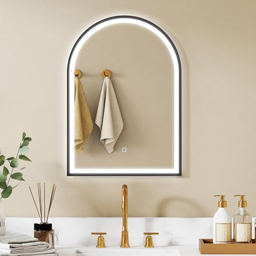 HOMCOM Specchio da bagno con illuminazione 50x70 cm, specchio LED da parete ad arco, anti-appannamento, 3 colori luce, dimmerabile, memoria, retroilluminato e frontale, vetro temperato, interruttore