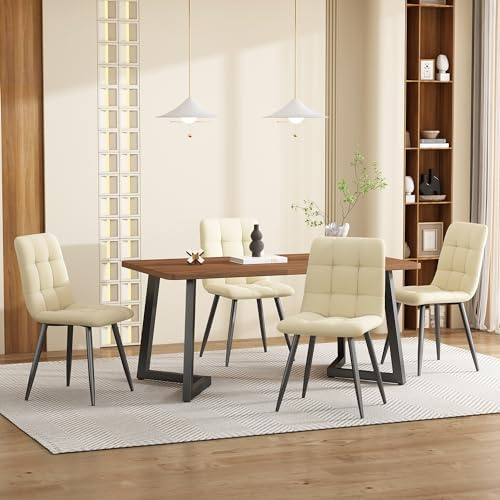 Aunvla Matgrupp (5 delar), matbord med 4 stolset, modernt köksbordsset, träkorn köksbord med svarta metallben, MDF-bordsskiva i valnötsfärg, beige sammet matstolar