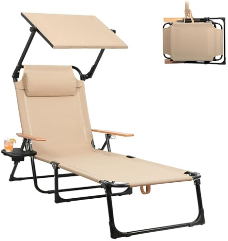 YUODIJIO Chaise Longue Pliable Inclinable 4 Positions Transat, Charge Max 150KG, Transat Pliant Légère et Pliable, Fauteuil Relax Jardin pour Jardin Terrasse Piscine Plage Camping (Beige avec auvent)