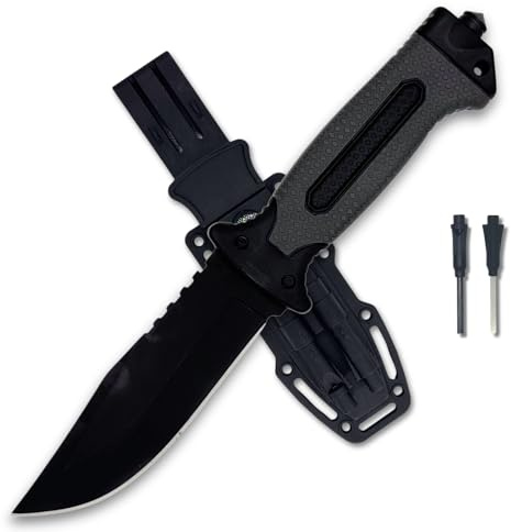 Coltello Sopravvivenza Lama Combinata 13cm Acciaio Inox, Manico Antiscivolo Grigio con Fodero ABS, Accendifuoco, Fischietto, Pietra Affilatrice e Rompivetro – Bushcraft, Camping, Trekking, Idea Regalo
