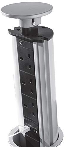 Pop-up 3 Gang Mains Power Extension Tower | Stainless Steel | 3 Way Plugs & 2X USB Charging Ports | Hidden Flush Recess Retractable Mounted Pull Up Sockets | Kitchen Worktop & Office Desk | Loops