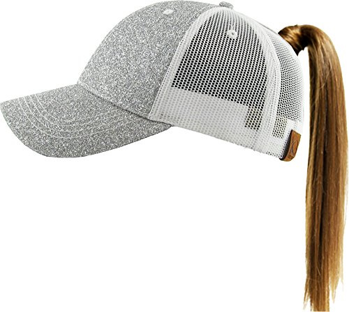 KBETHOS® Original Glitter Fabric Mesh Trucker Ponytail Cap, Silver