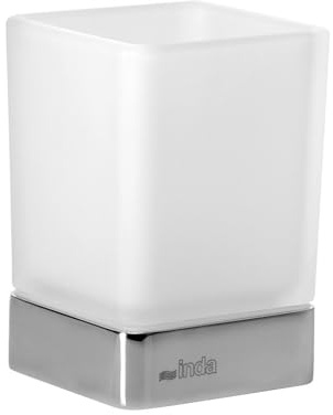 INDA | Portabicchiere da Appoggio (7x7x11cm) | Serie Lea, con Bicchiere in Vetro Satinato, Base in Ottone Facile da Installare, con Viti e Tasselli, Design Essenziale - Cromato