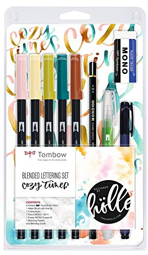 Tombow - Blended Lettering Set Cozy Times | Set Hand Lettering con Rotuladores de Colores, Pincel Recargable, Lápiz, Goma de Borrar y Paleta Lavable