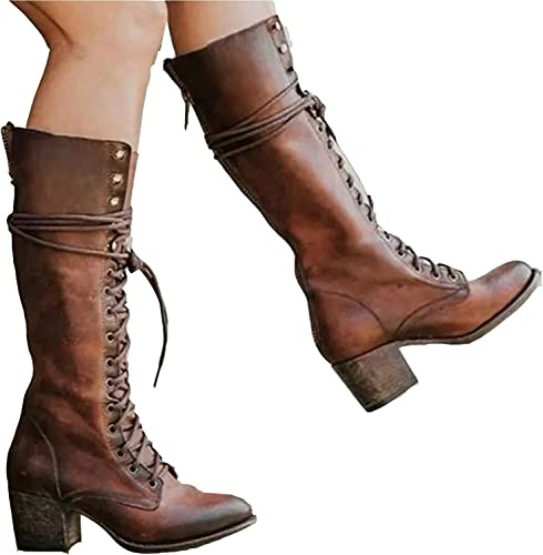 SIULAS Bottes de Cosplay Médiévales en Cuir Synthétique à Talons Hauts - Bottes Médiévales Mi-Mollet - Chaussures à Lacets pour Festival (Marron, Taille 34-48)