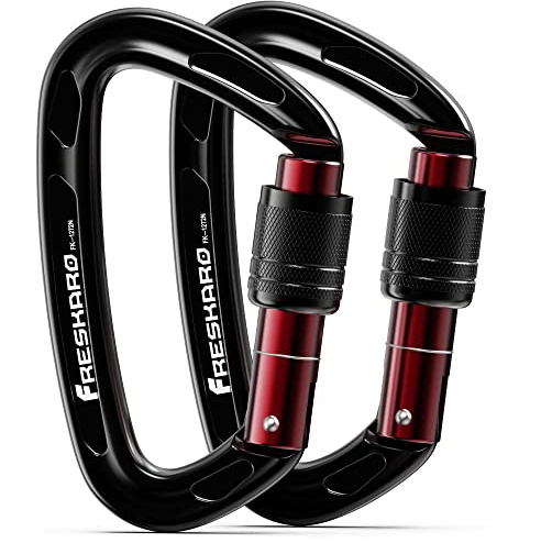 FresKaro Mousqueton d’Escalade, mousquetons en Aluminium, Mousqueton à vis, 25kN-2550kg, Double Verrouillage torsadé, Solide, pour Laisse de Chien, Pompier, hamac, Porte-clés, CE UIAA, Noir 2pc