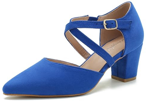 Women's Chunky Heel Pumps Cross Strap Closed Pointed Toe Dress Shoes, Suede Royal Blue, 6 UK