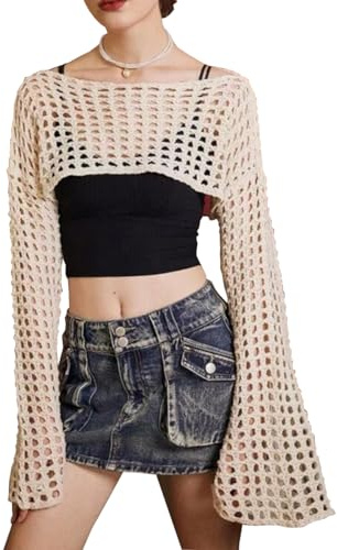 SNOMYRS Haut en maille à manches longues Y2K Crop Tops Crochet Châle transparent Boléro en tricot Boléro Pull Bikini Cover Ups