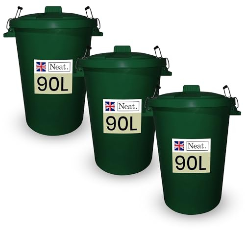 Neat. 90L Coloured Large Plastic Bins, Heavy Duty Kitchen Bin with Metal Handle Dustbin with Lid For Easy Refusal Garden Bin Indoor Outdoor Rubbish Waste, Storage of Animal Feed, Dark Green-3Pack