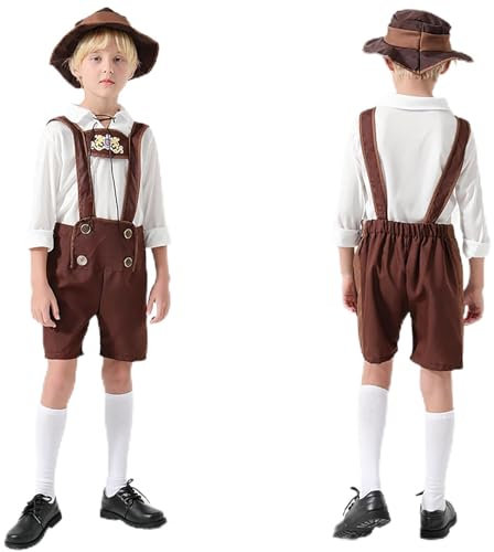 Kinderkostüm Oktoberfest, Hemd + Kurz Trachtenhosen + Trachtenhut 3tlg Oktoberfest Outfit Bayerische Trachten für Kind