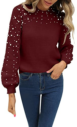 Pull en tricot élégant pour femme avec perles | Pull au crochet à col rond | Pull uni à manches longues | Haut ample décontracté et léger | Pull droit stylé (disponible en S-XXL), Bordeaux, XXL