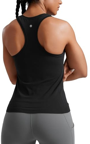 CRZ YOGA Seamless Racerback Tank Tops for Women - Gym Workout Athletic Running Sleeveless Shirts Breathable Scoop Neck Black Large