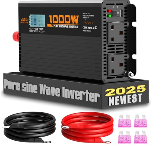 AUCARAUTO 1000W Pure Sine Wave Power Inverter 12V to 230V with 2 AC Sockets Charge Your Coffee Maker, Refrigerator & More | 2000W Peak, Digital Display, Dual Cooling Fans, Replaceable Fuses for Safety
